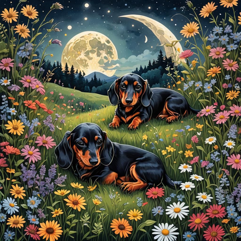 Dachshund Dreams: Moonlit Meadow Illustration