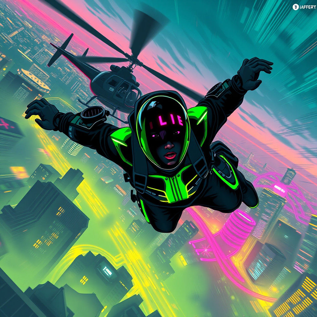 Cyberpunk Skydiver Descends on Neon Metropolis