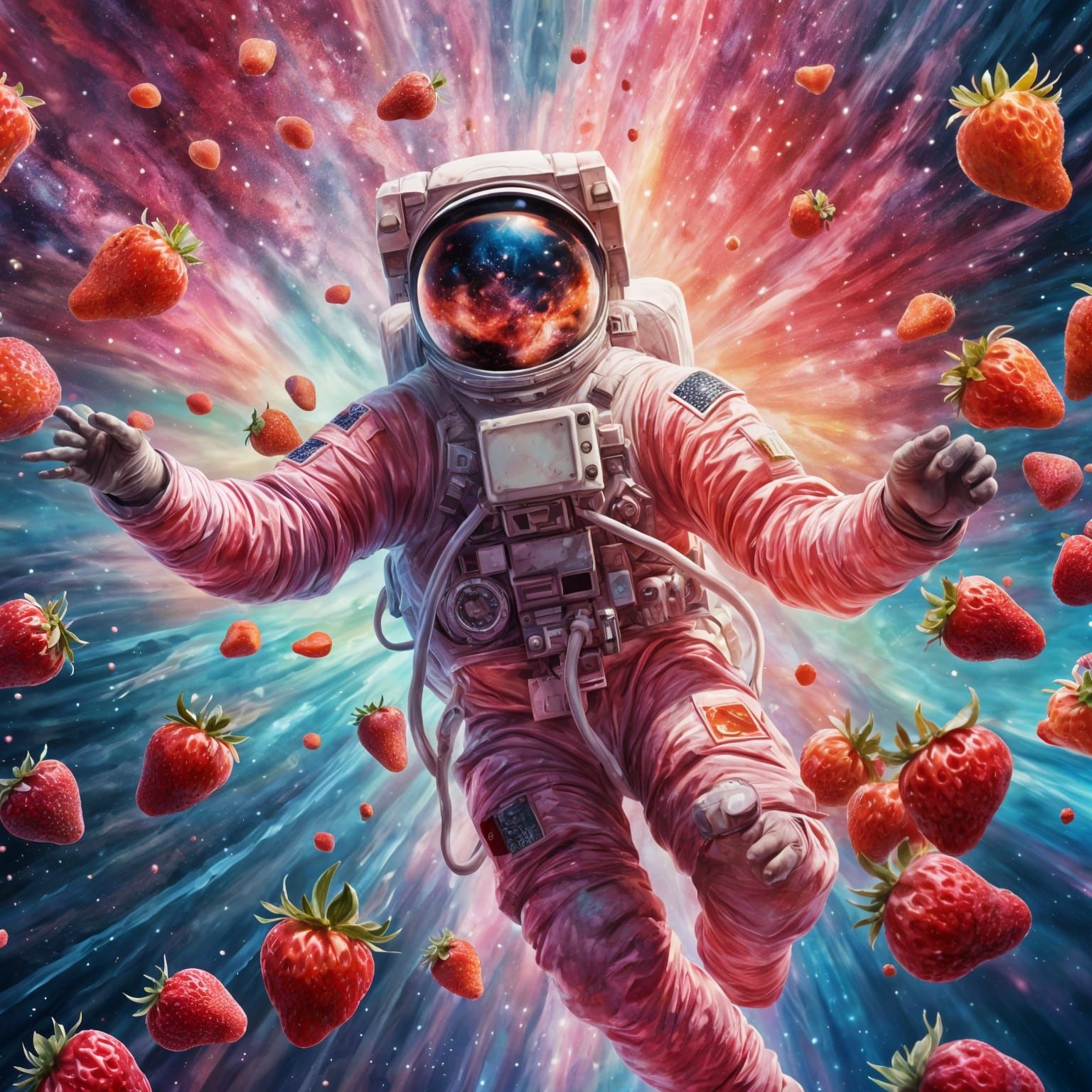 Astronaut in Strawberry Nebula: Hyperrealistic Oil Painting