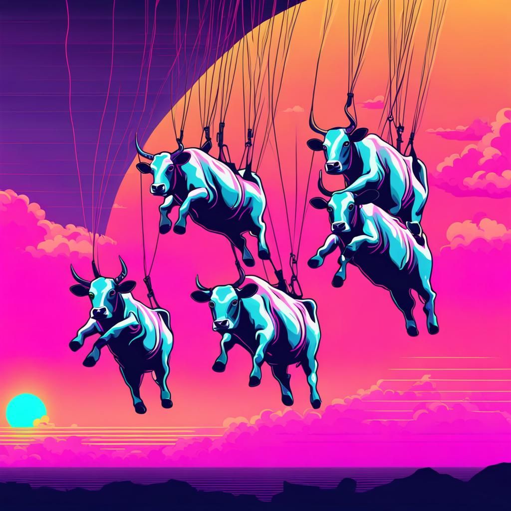 Skydiving Cows in Synthwave Neon Retro Style