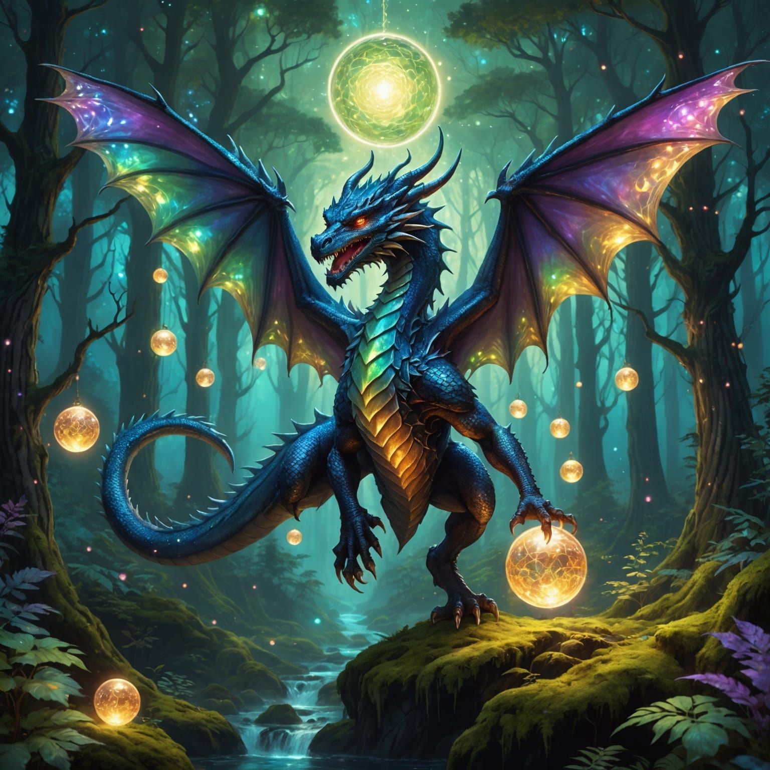 Iridescent Dragon Flight Over Mystical Forest