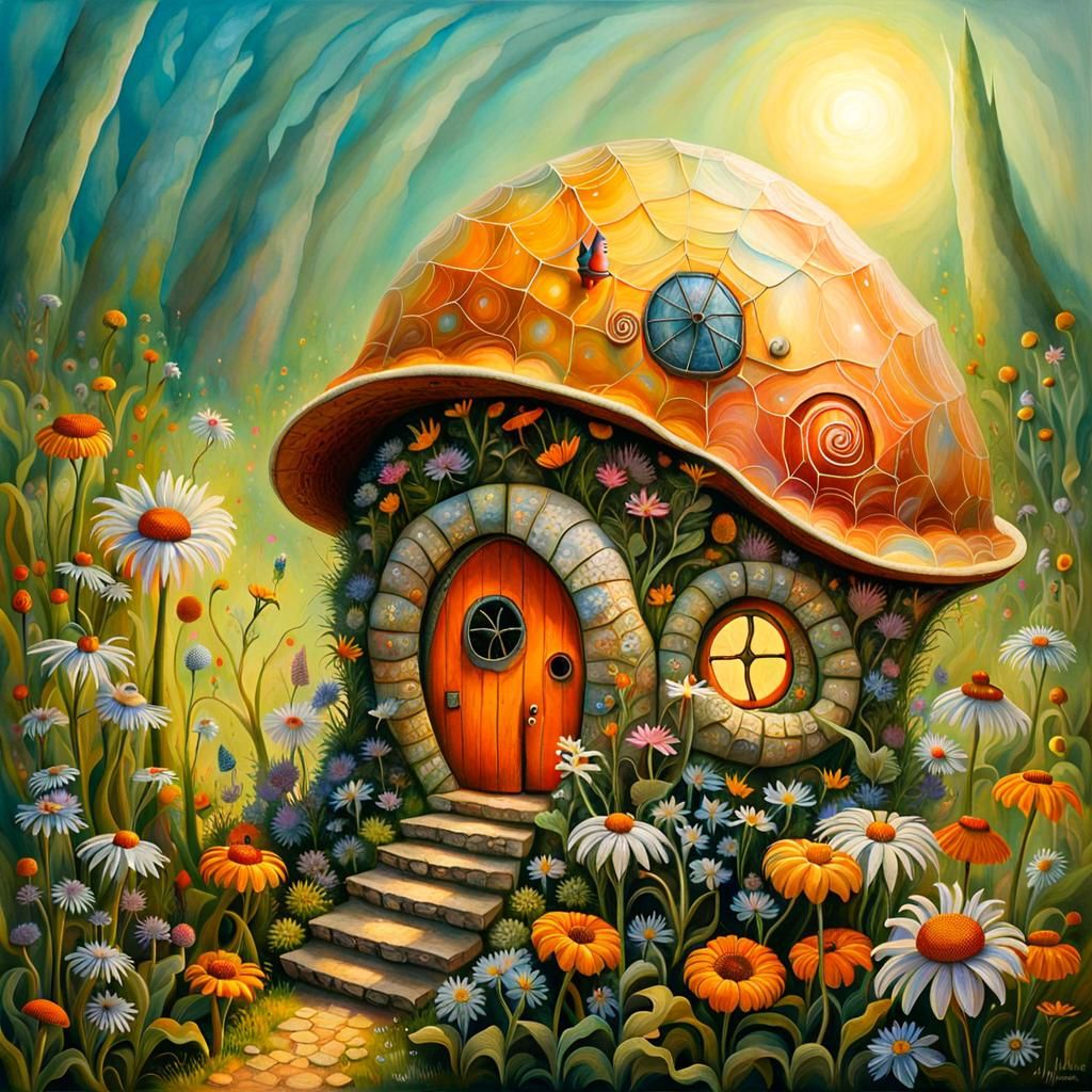 Whimsical Fairy House with Gnome in Sunlight