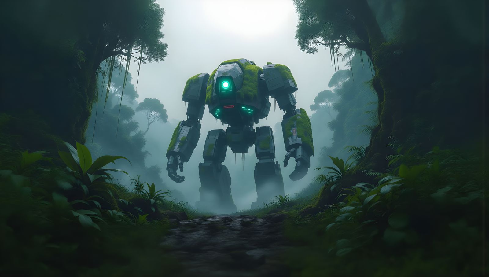 Ancient Robot in Alien Jungle, Photorealistic Matte Painting