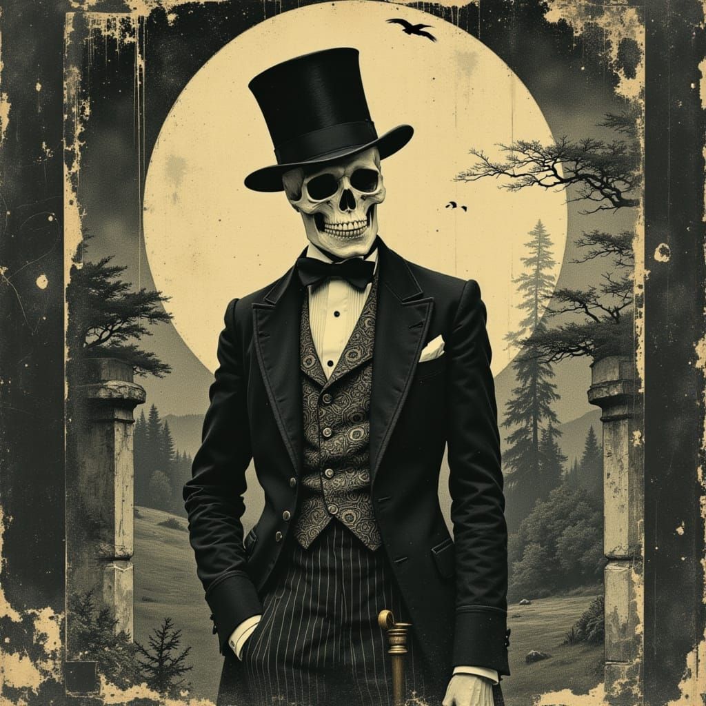 Victorian Skeleton in Top Hat, Burtonesque Style