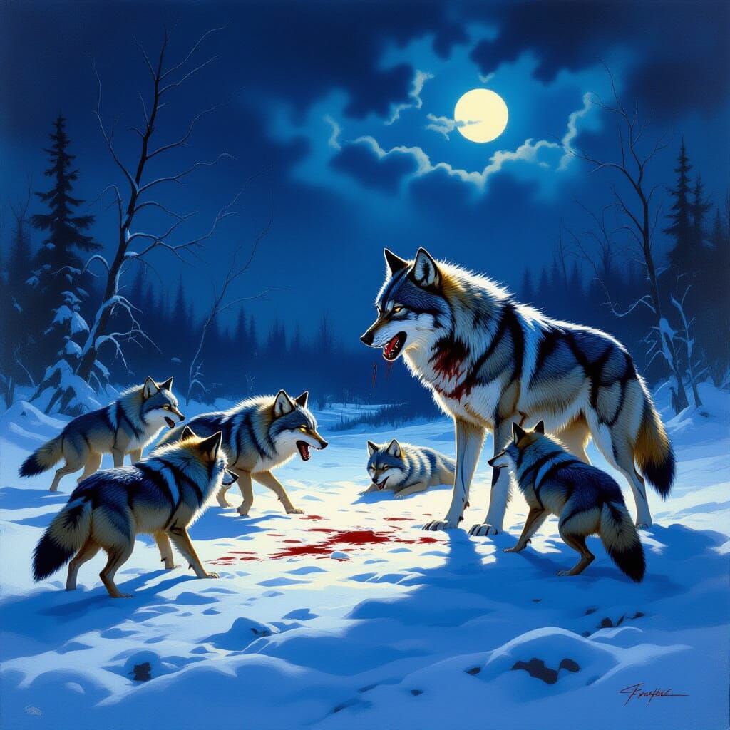Wolf Battles Coyotes in Snowy Twilight Showdown