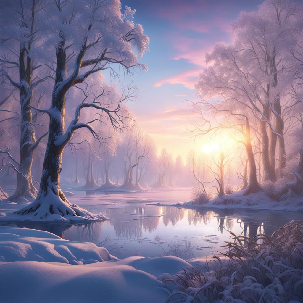 Winter Night Frosty Lake: A Digital Matte Painting