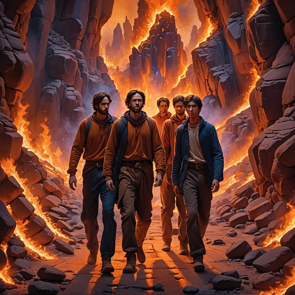 Divine Figures Walk Through Fire, Matte Painting