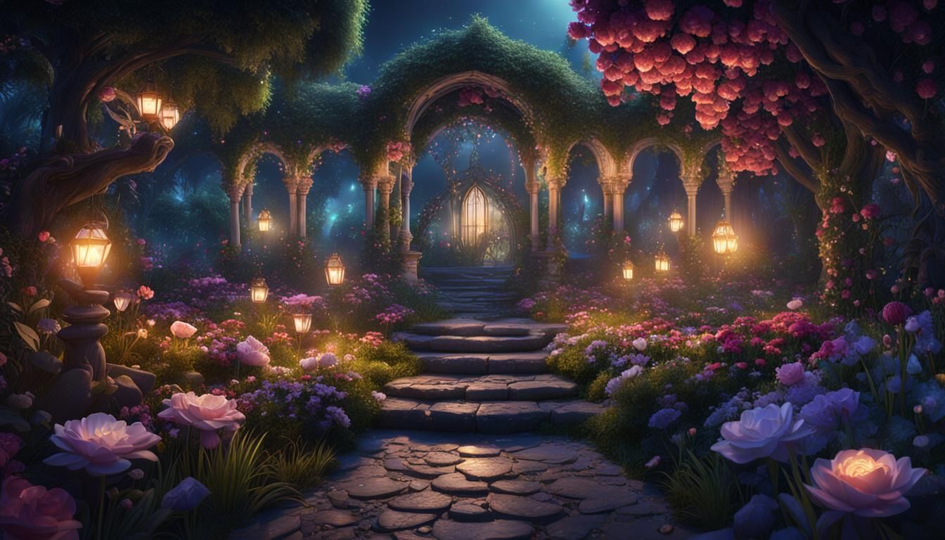 Whimsical Enchanted Oasis Under Starry Night Skies