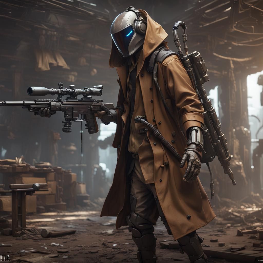 Bounty Hunter with Robot Arm in Dark Fantasy Art