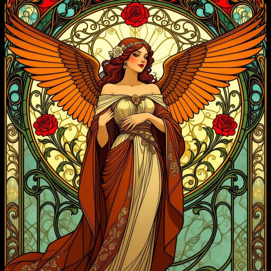 Majestic Robin Woman in Art Nouveau Style