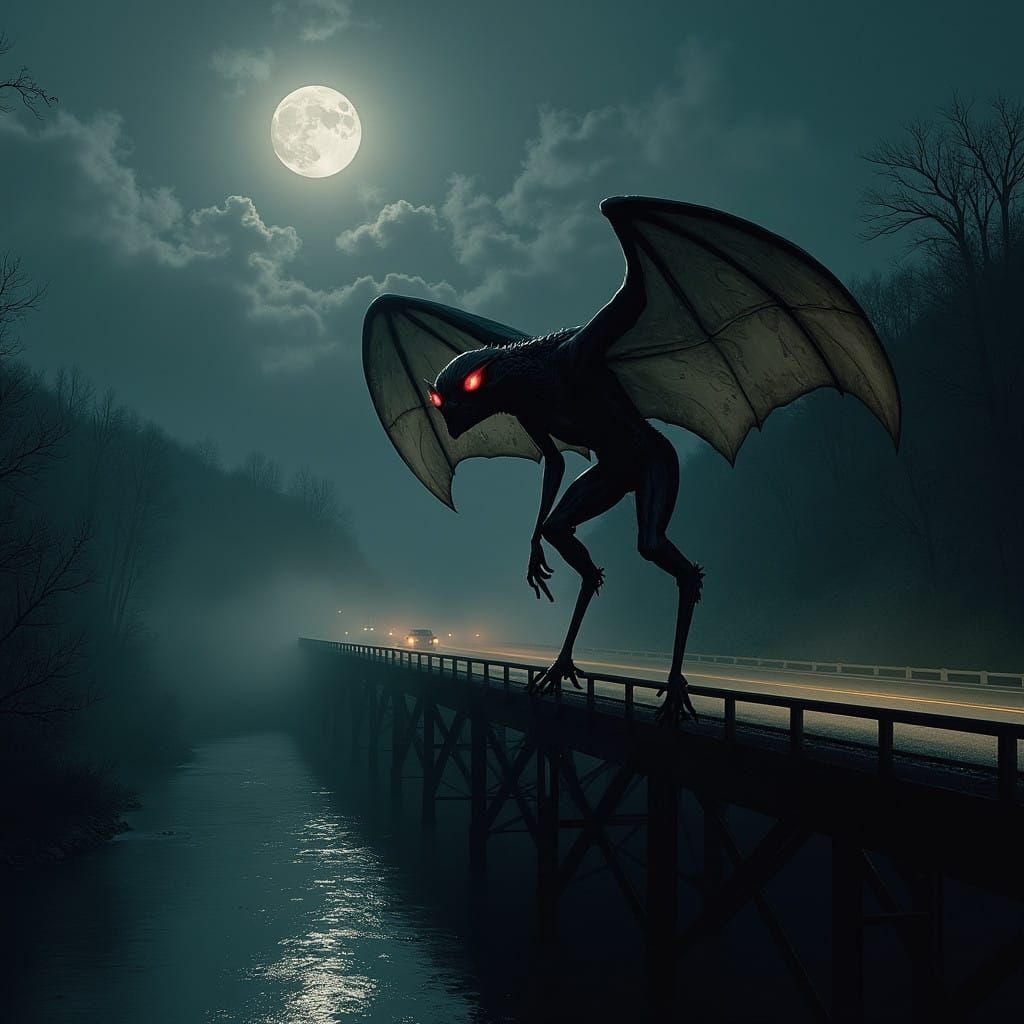 Mothman Silhouetted Against Moonlit Sky