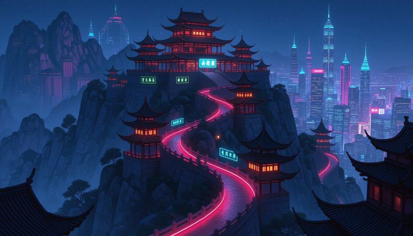 Futuristic Chinese Mountain Cityscape at Night