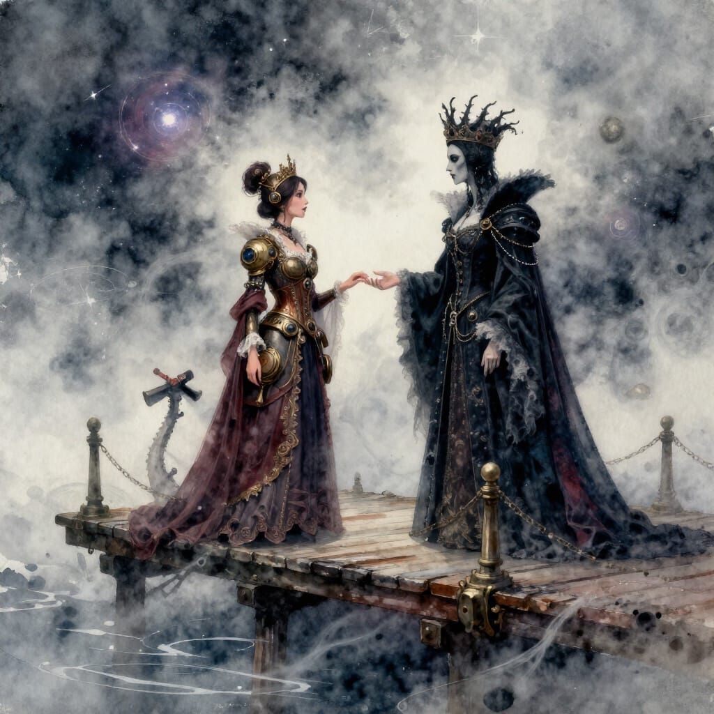 Fantasy Queens Meet on Cosmic Pier in Watercolor Style