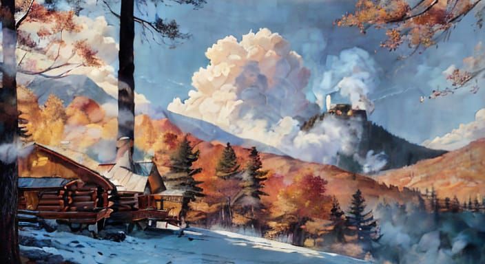 Autumn Mountain Landscape with Cabin in Vintage Style