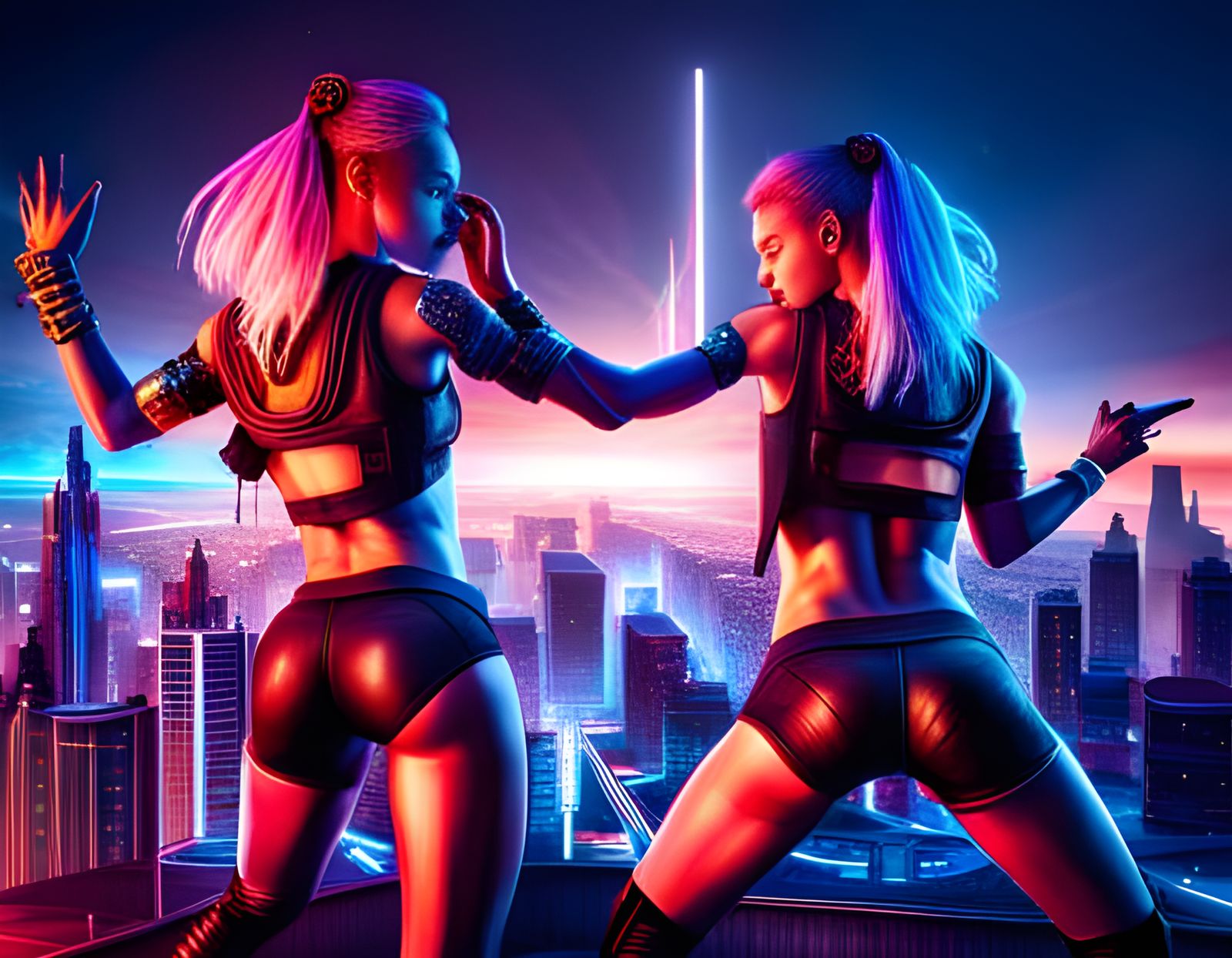 Cyberpunk Girls Dancing in Futuristic City Nightclub