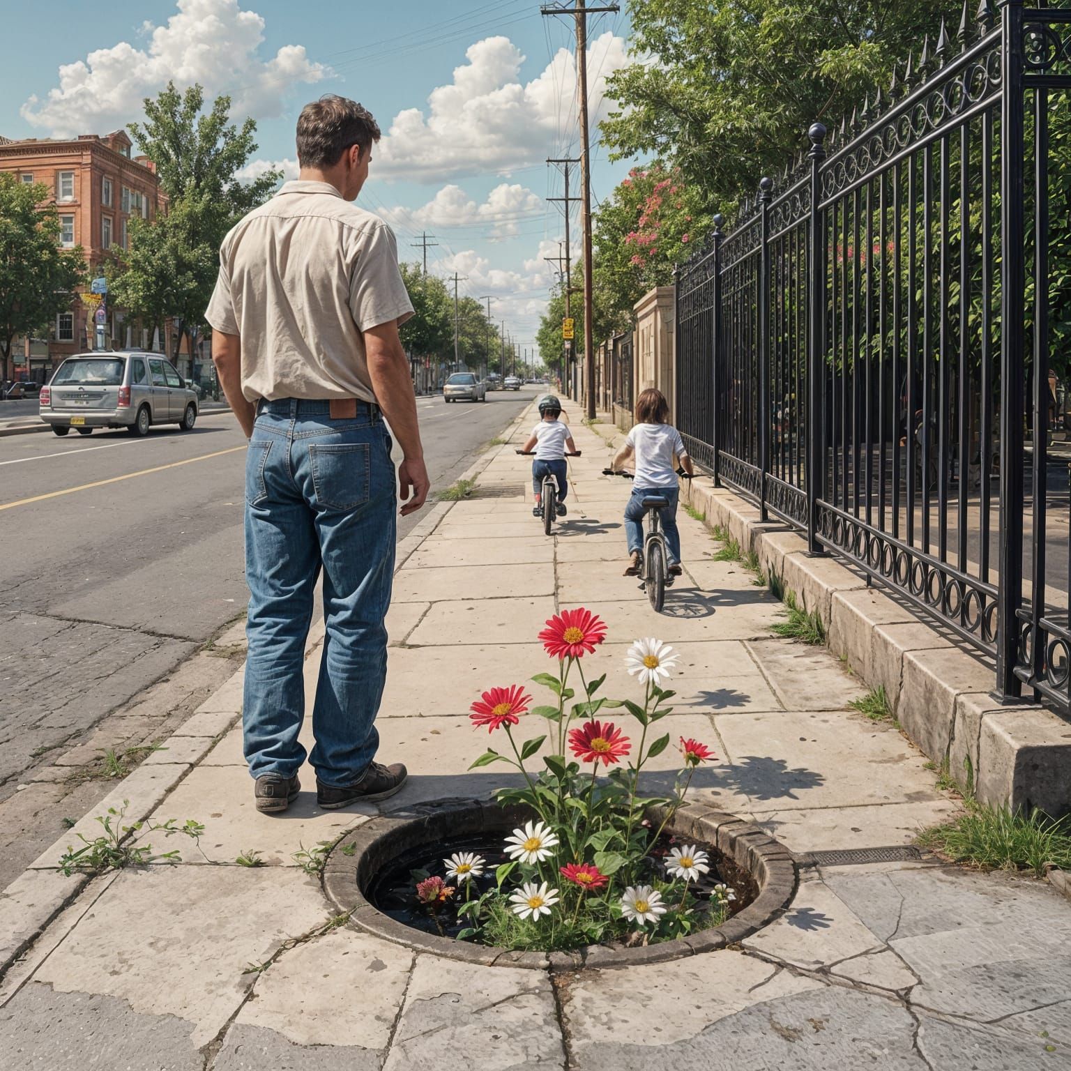 Realistic Sidewalk Scene with Walking Flowers