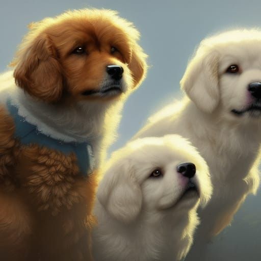 Fluffy Puppies in Christmas Jackets: Detailed Portrait