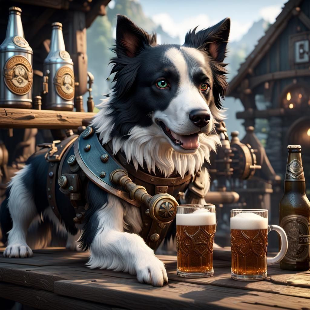 Viking Border Collie Pours Beer in Fantasy Scene