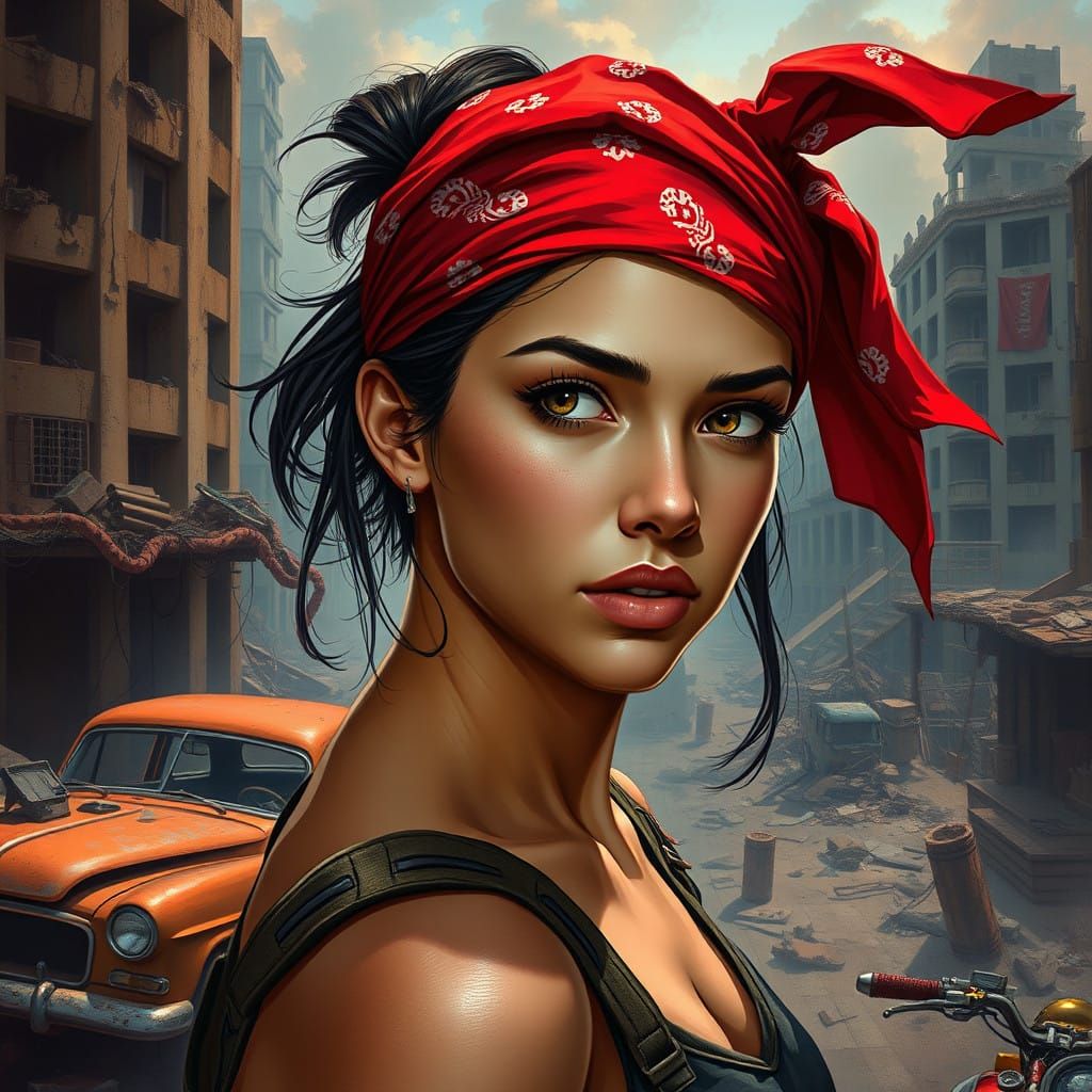Determined Young Woman in Post-Apocalyptic Cityscape