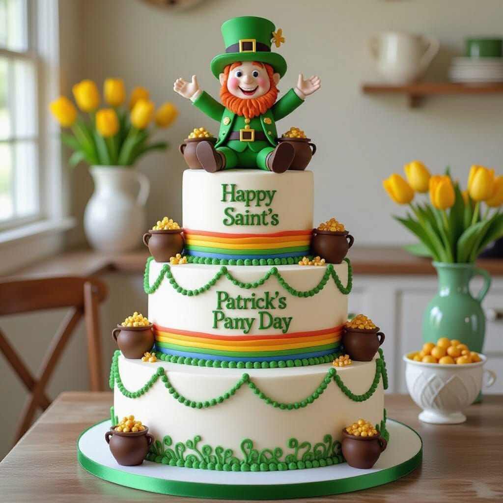 Whimsical Saint Patrick's Day Cake with Rainbow and Leprecha...