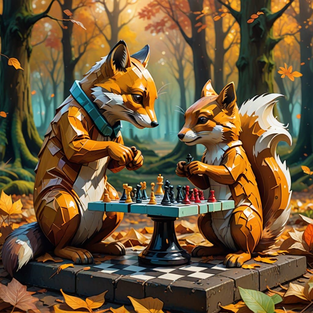 Fox and Squirrel Play Chess Amidst Autumn Leaves