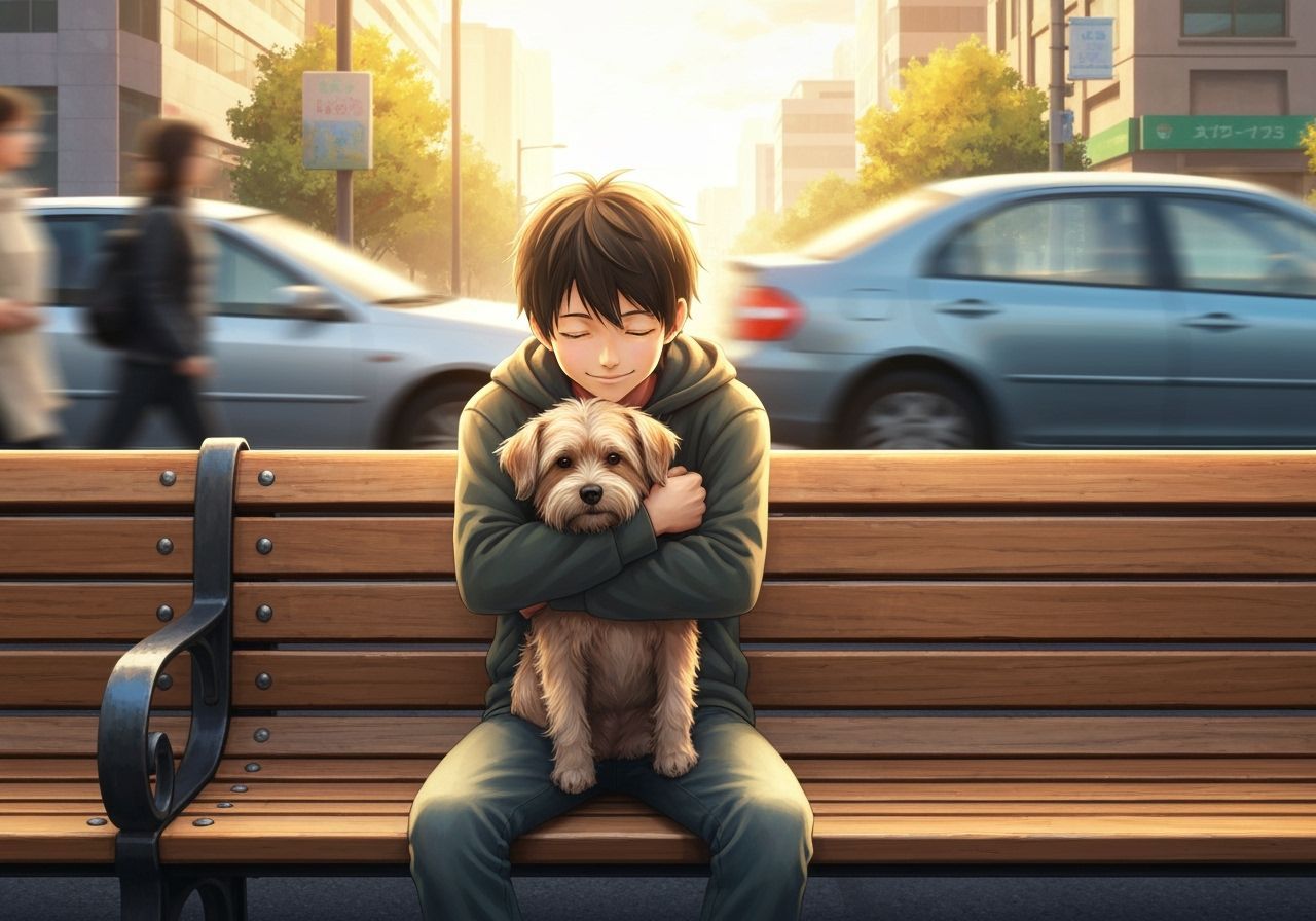 Boy and Dog Embrace in Luminous Park Scene