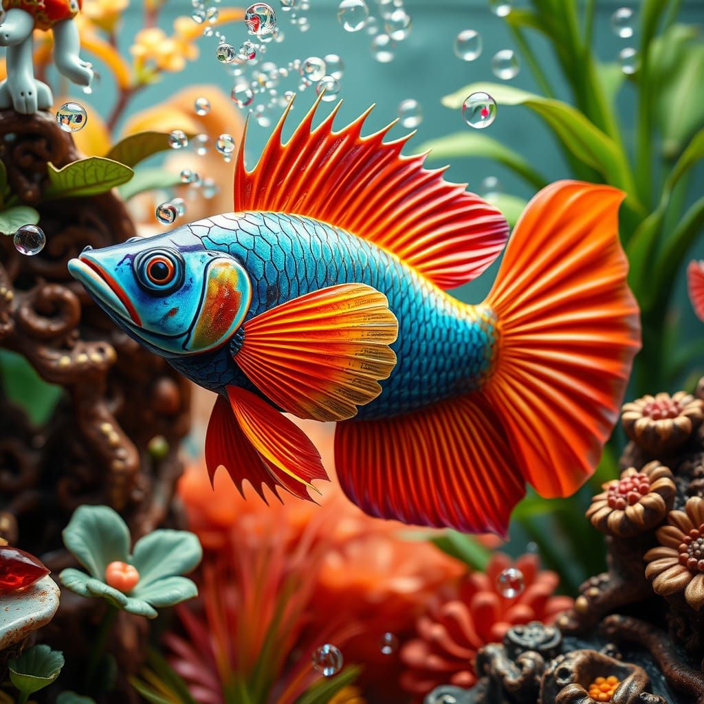 Iridescent Paradise Fish in Asian-Style Aquarium with Lush V...