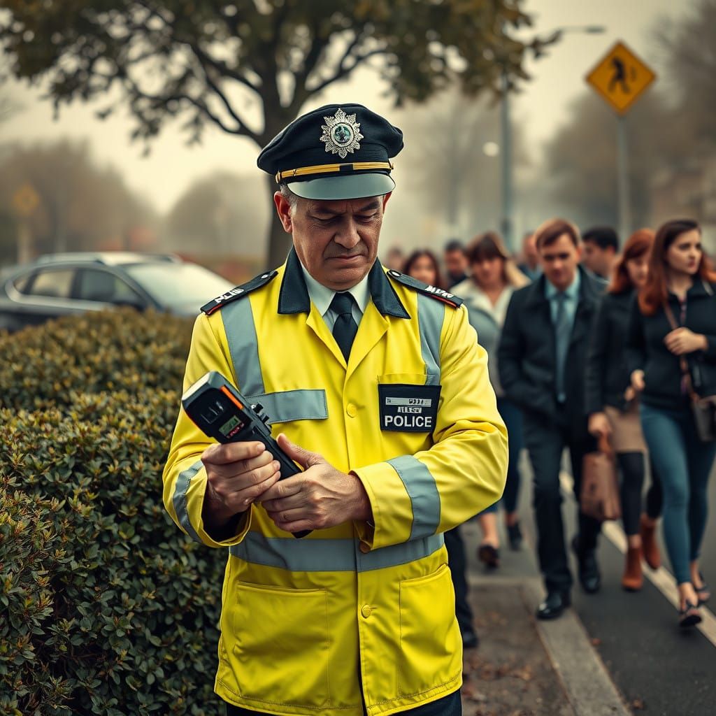 Surrealist Policeman Embarrassment in Hyper-Realistic Scene