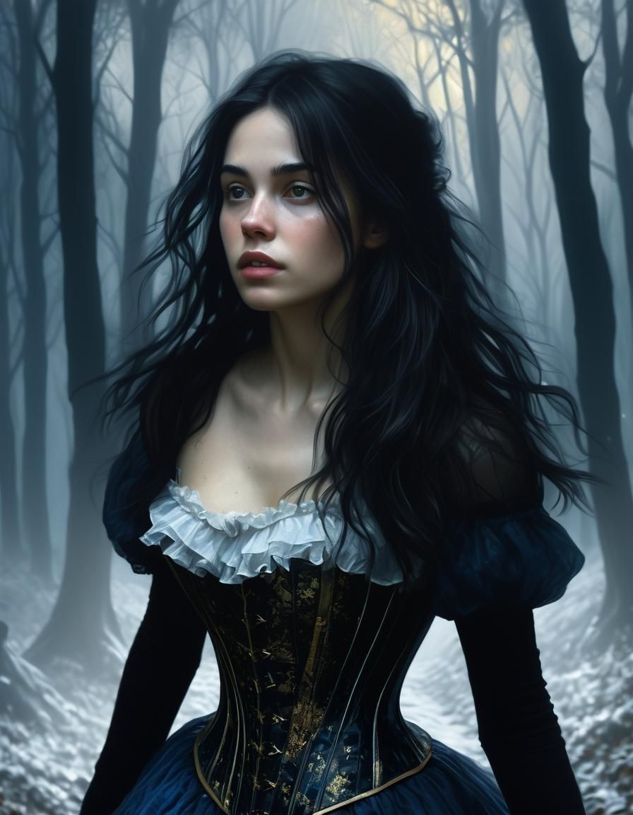 Ethereal Woman in Forest: Chiaroscuro Oil Painting