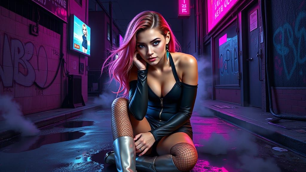 Cyberpunk Woman with Vibrant Hair in Dystopian Alley