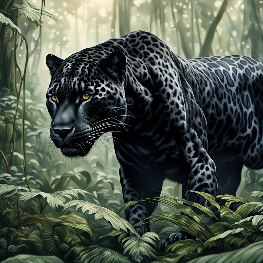 Black Jaguar Hunting in Rainforest: Dramatic Digital Paintin...