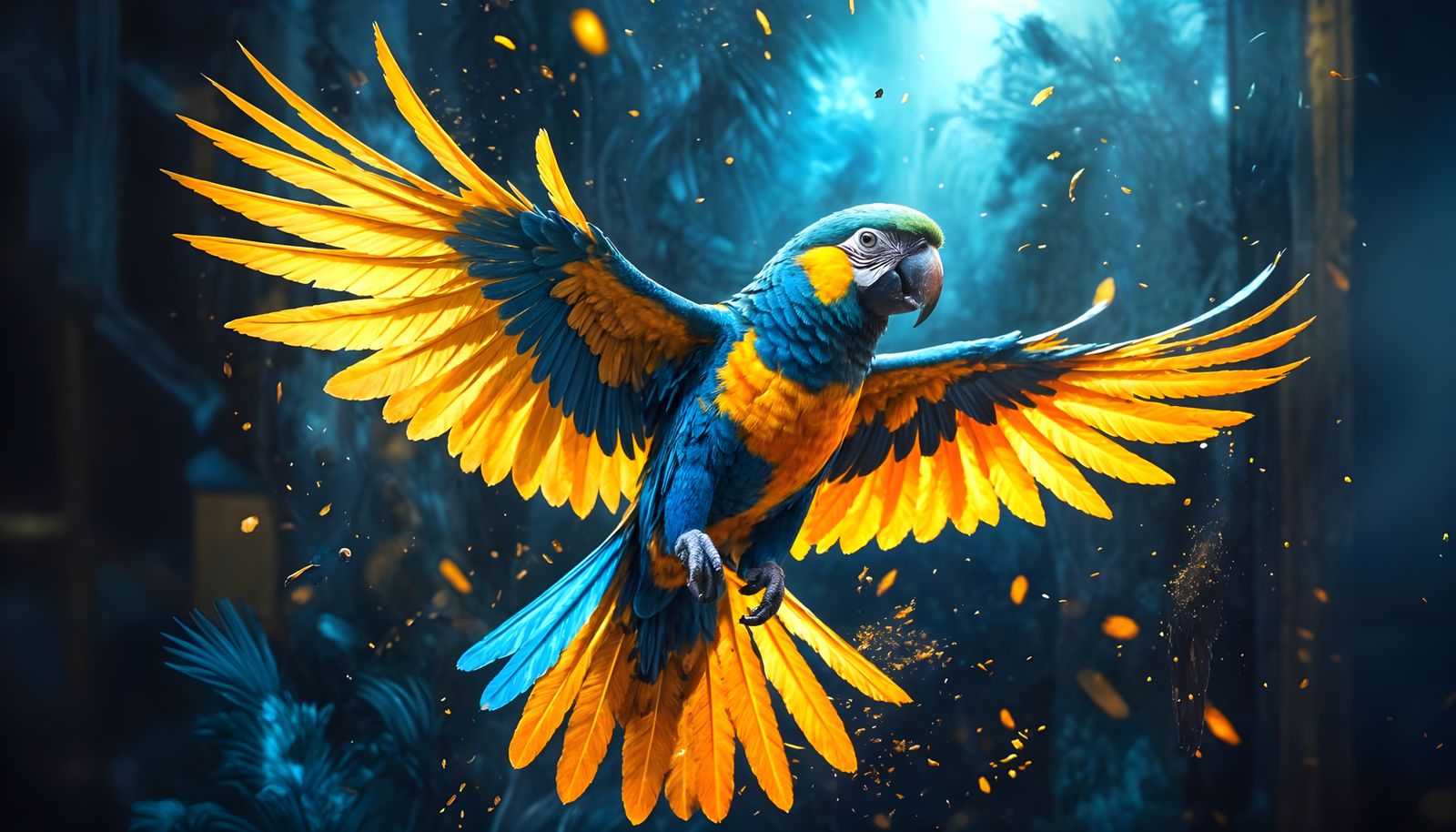 Surreal Parrot in Flight with Golden Highlights