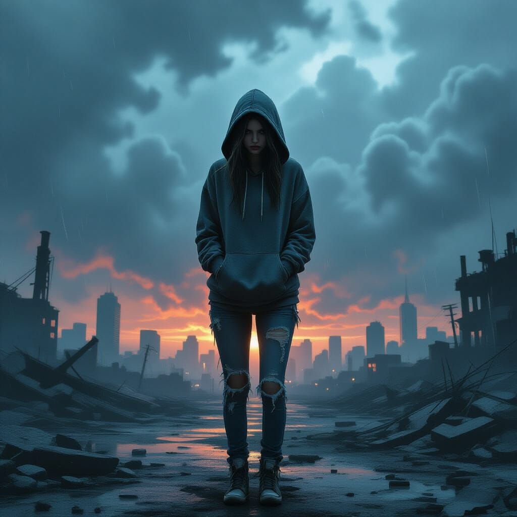 Distressed Woman in Dystopian Cityscape