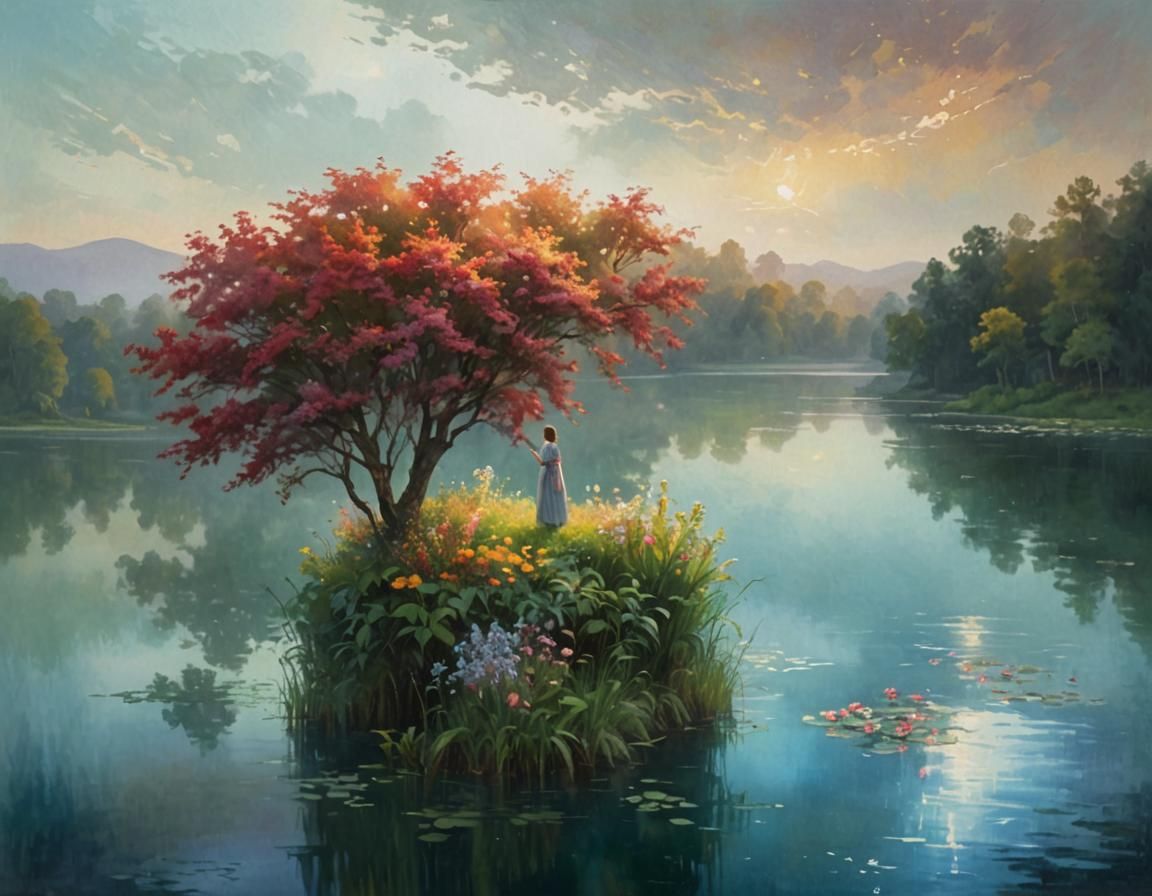 Serene Lakeside Woman in Oil Painting Style