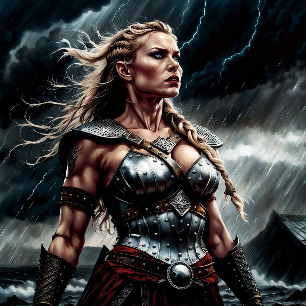 Viking Warrior Against Stormy Sky, Comic Book Art