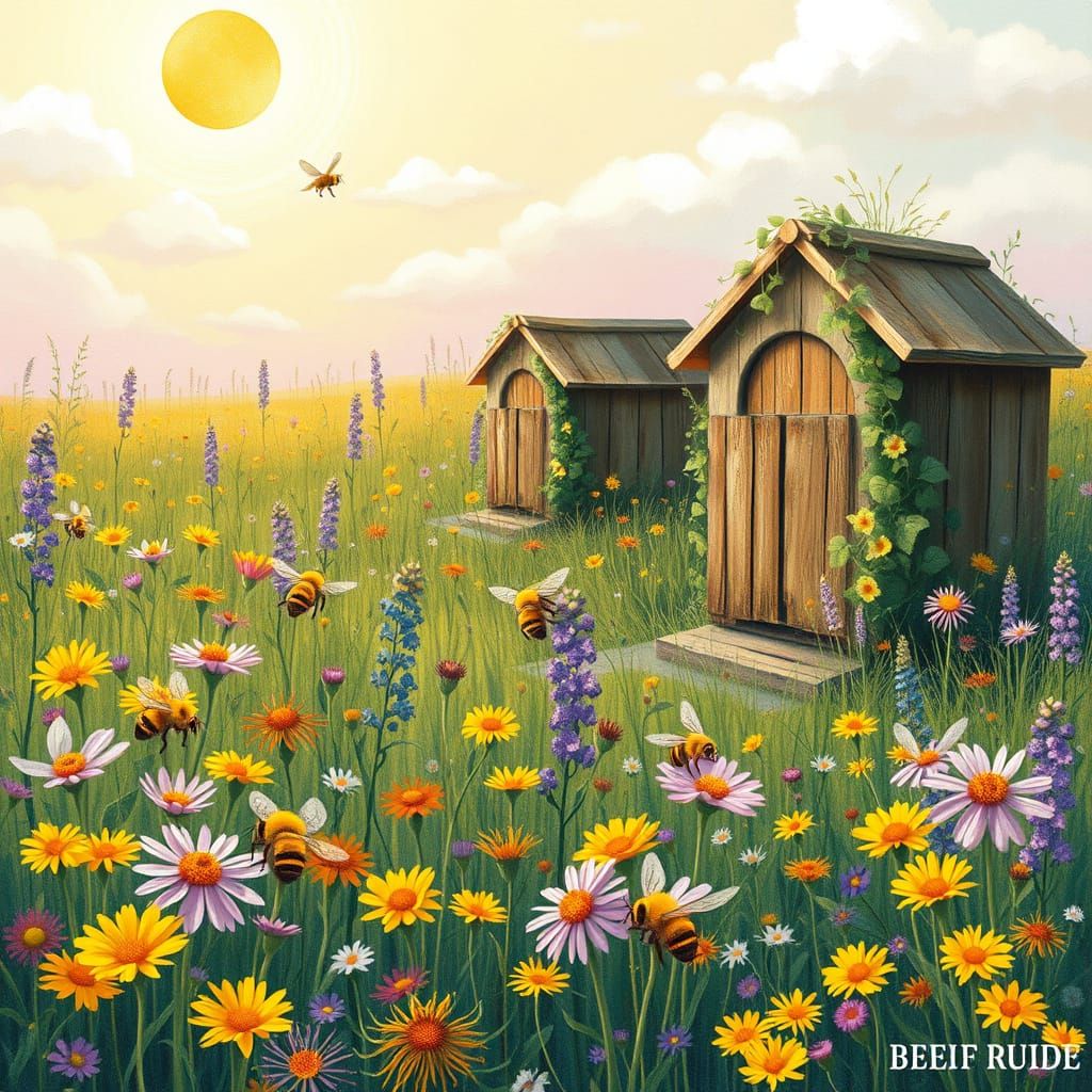 Whimsical Wildflower Meadow with Busy Bees and Rustic Bee Hi...