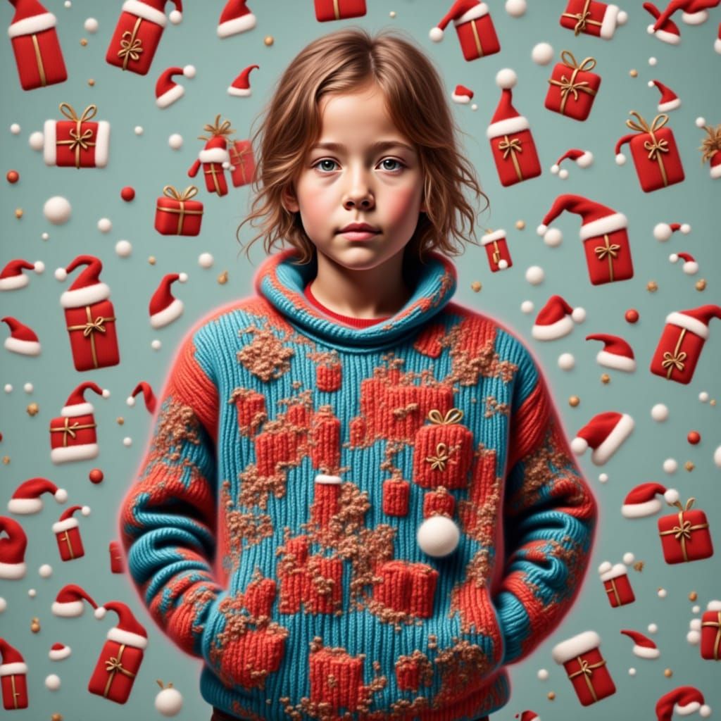 Child in Quirky Knitted Ugly Christmas Sweater