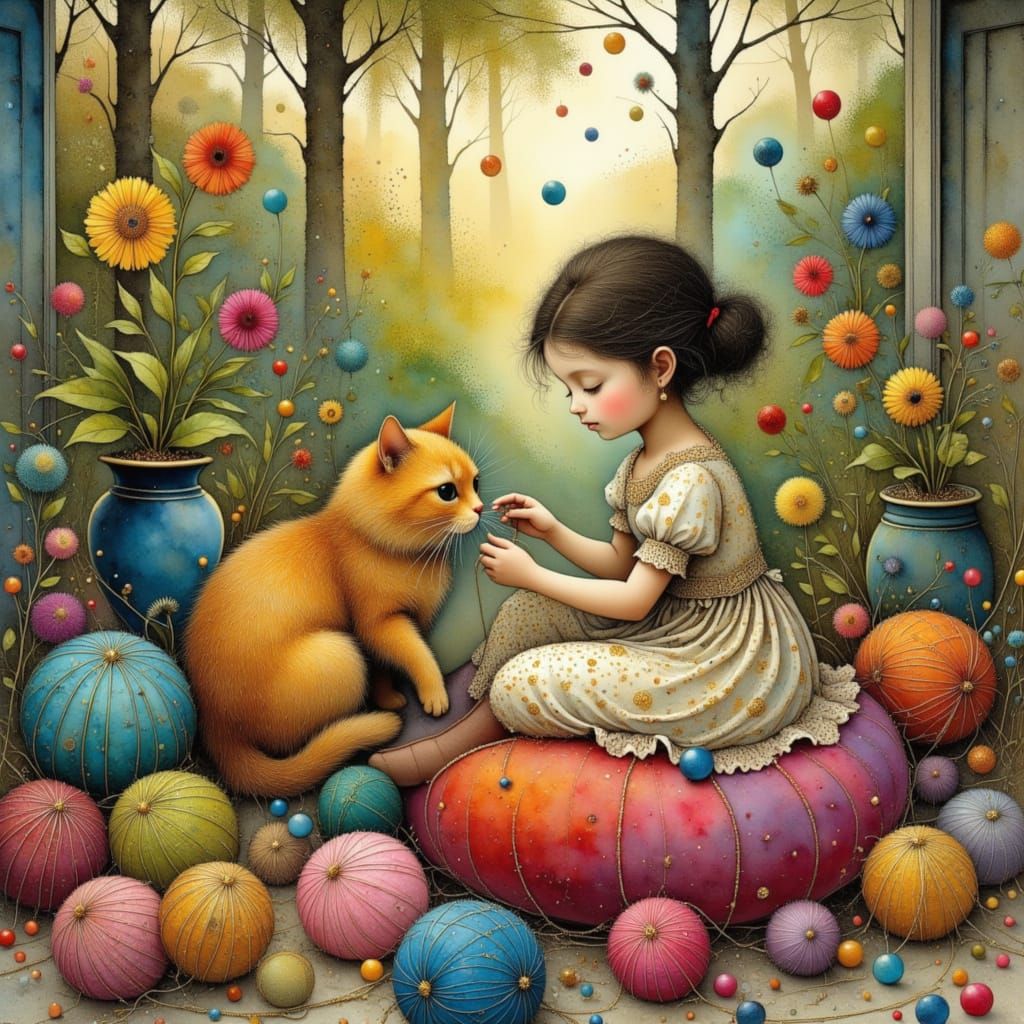 Fluffy Cat and Girl Knitting on Summer Porch