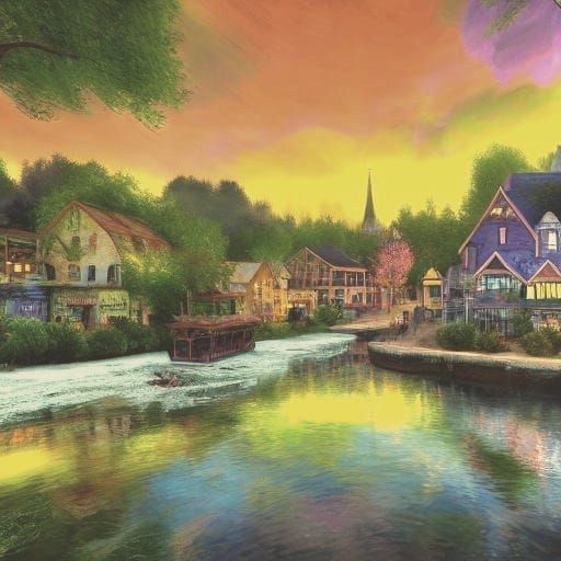 Whimsical Riverside Town in Neo-Impressionist Style