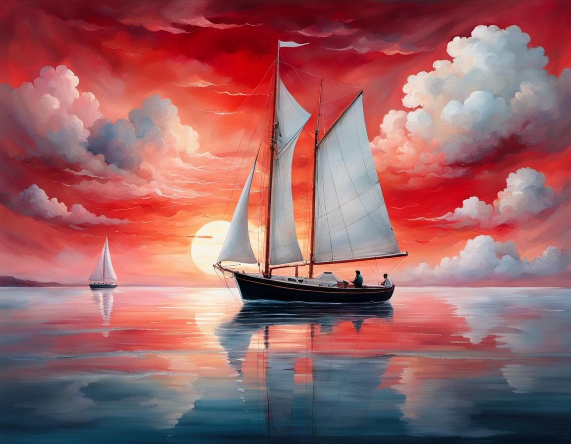 Sailor on Gentle Sea Under Red Sky: Illustration