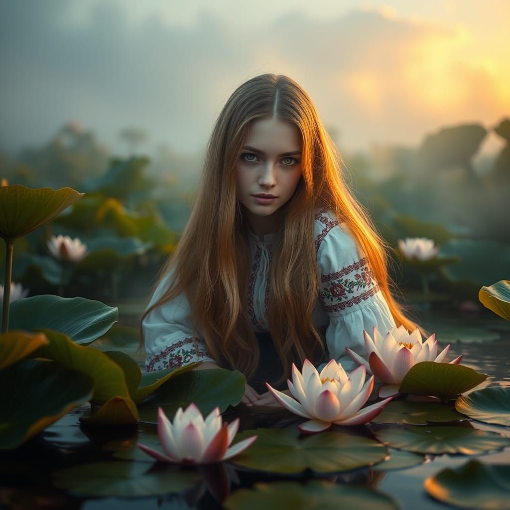 Ukrainian Mavka in Misty Pond: Matte Painting