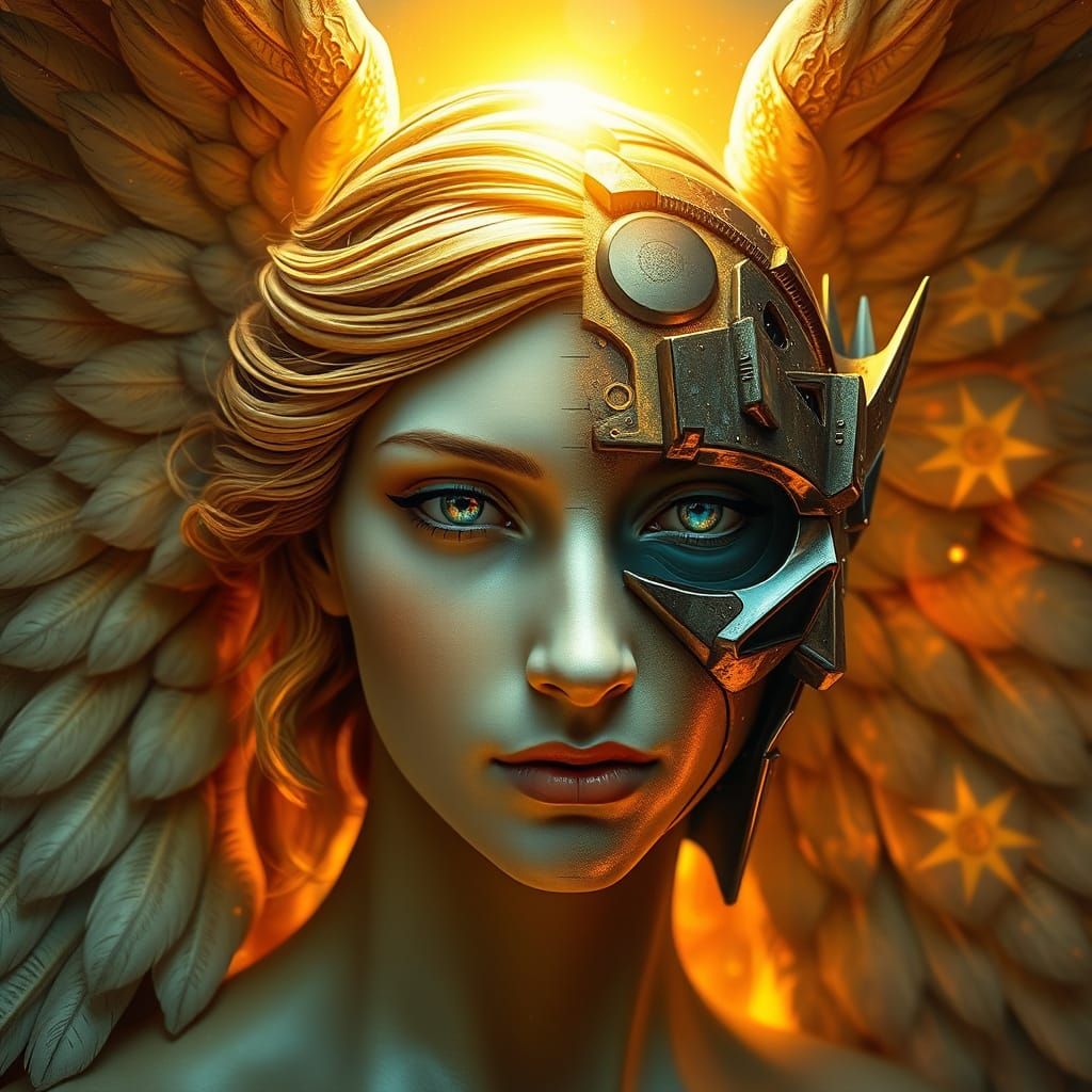 Divine Warrior Angel in Cyberpunk Splendor