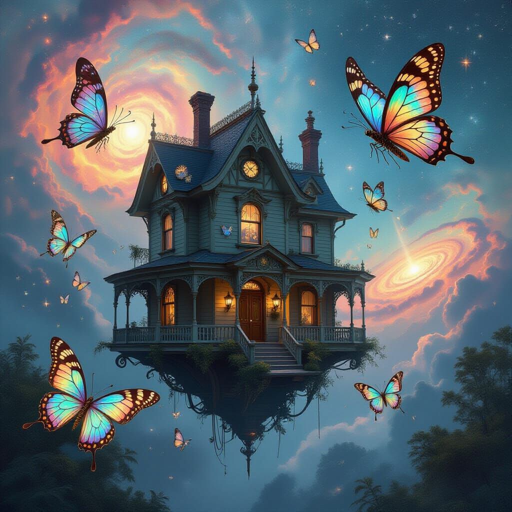 Victorian House Among Nebulae with Clockwork Butterflies