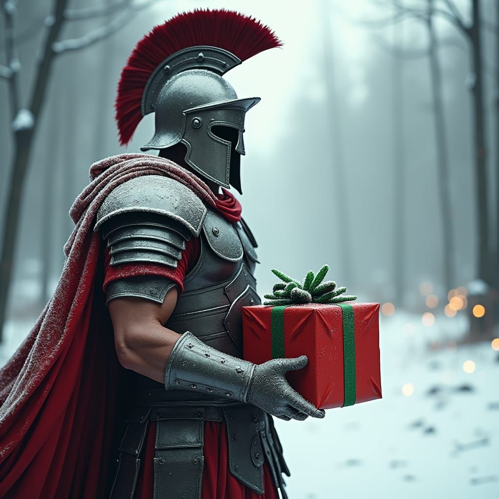 Spartan Warrior Celebrates Christmas in Black and White