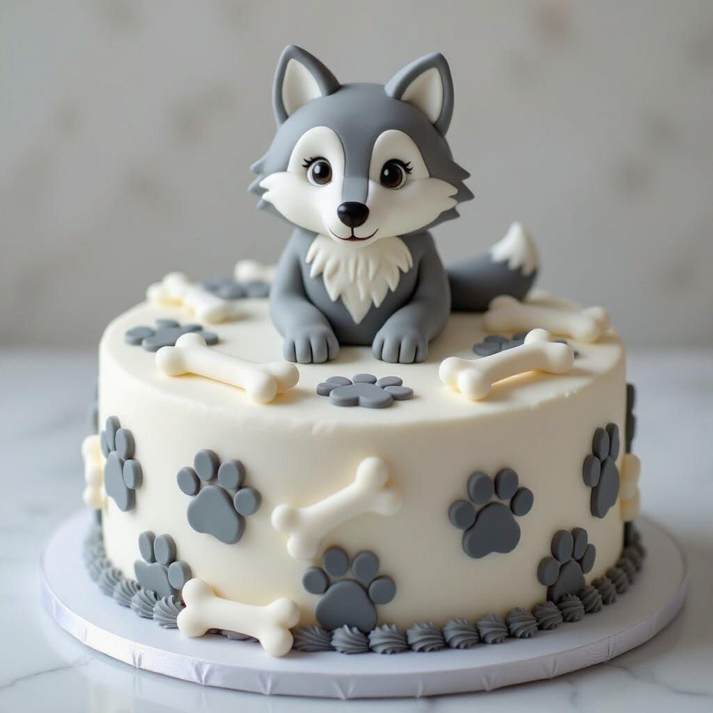 Gray and White Wolf Birthday Cake with Paw Prints