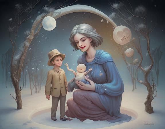 Expressionist Mother and Son in Winter Dreamscape