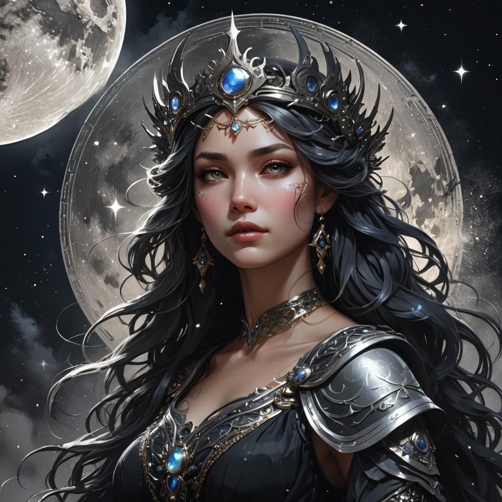 Moon Goddess Portrait in Hyperdetailed Art Nouveau Style