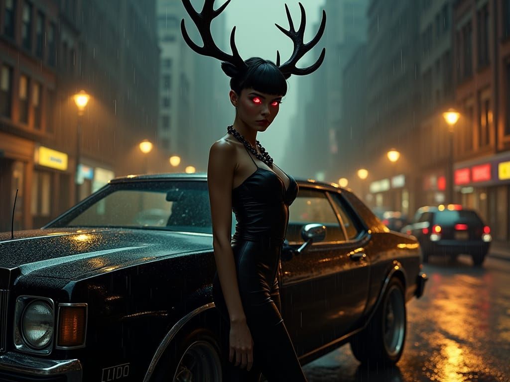 Sultry Femme Fatale in Dark Cityscape