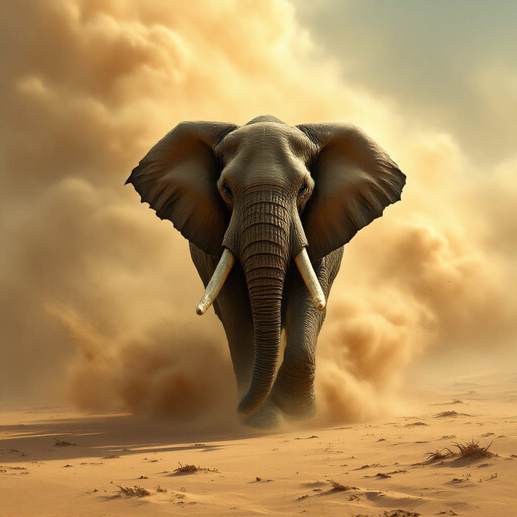 Majestic Elephant Emerges from Desert Sandstorm