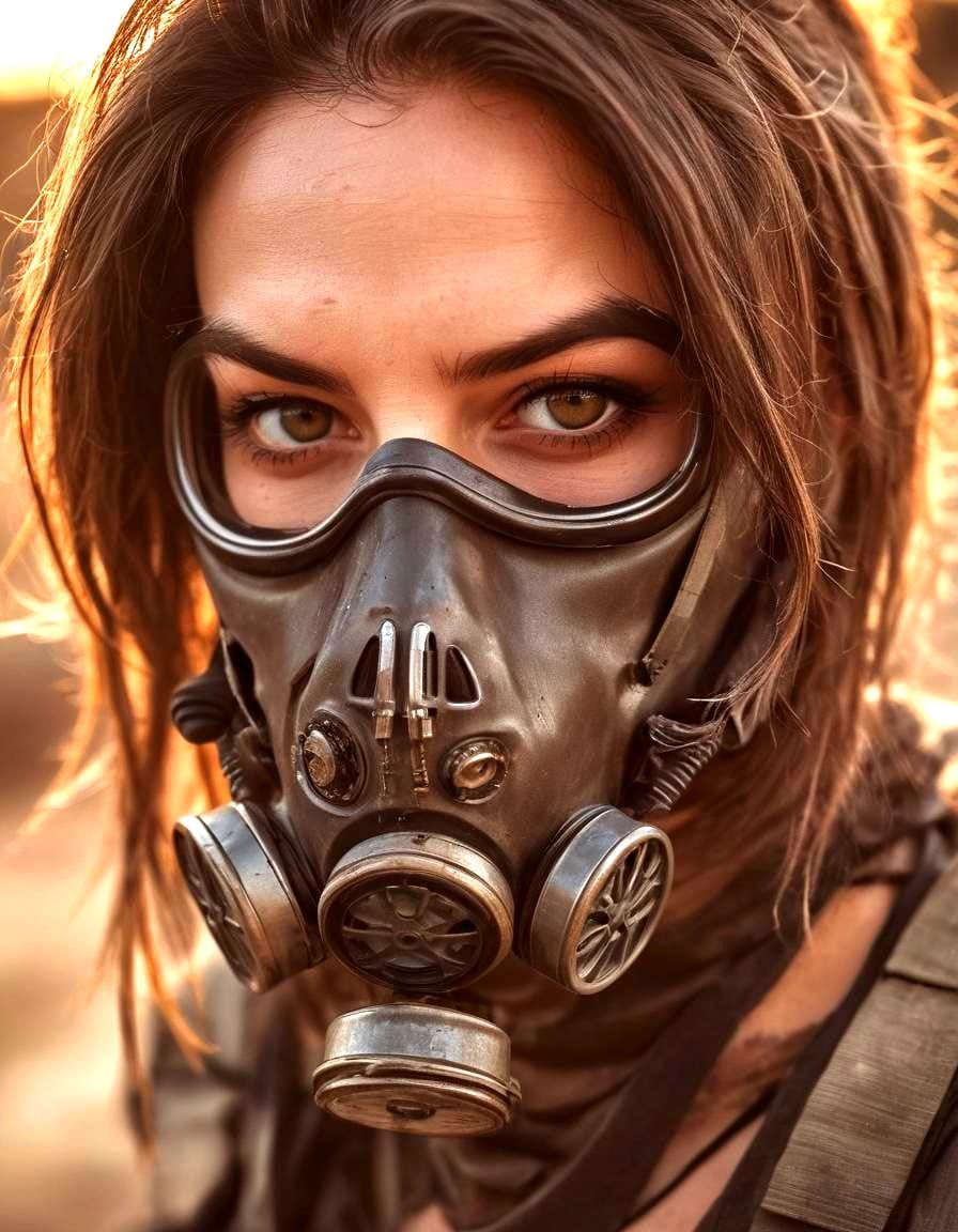 Post-Apocalyptic Woman with Gas Mask in Sunset